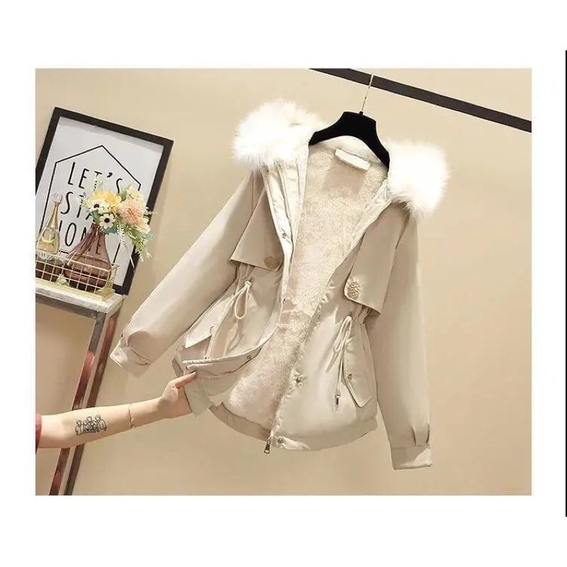 Áo khóa lót lông mủ lông chùm đầu-thời trang đông nữ quảng châu