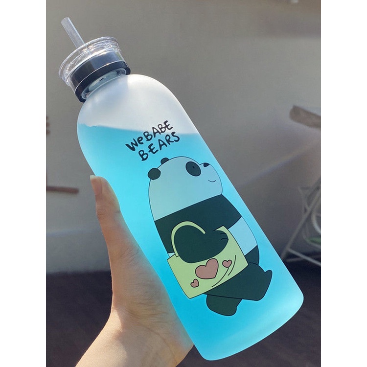 Bình Nước Nhựa Trong Suốt Cỡ Lớn Chống Tràn 1000Ml In Hình Gấu Đáng Yêu