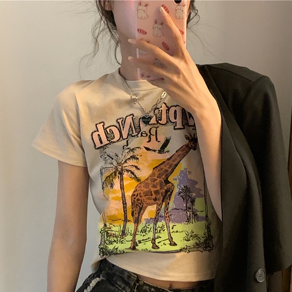 SUXI Áo Thun Tay Ngắn Cổ Tròn Dáng Ôm In Họa Tiết Vintage Thời Trang Mùa Hè Cho Nữ