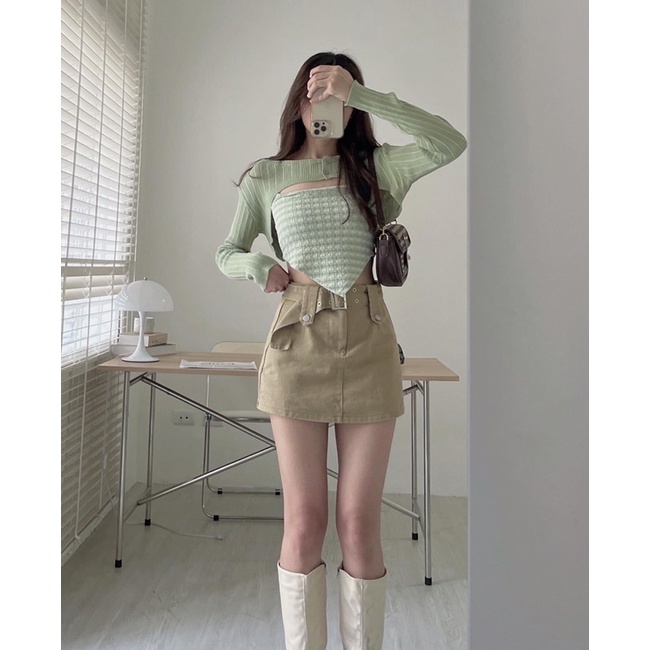[Ảnh thật/Video]SET ÁO Mongtogi MIX CROPTOP QH siêu đẹp Set áo hai dây kèm cadigan Hàn Quốc