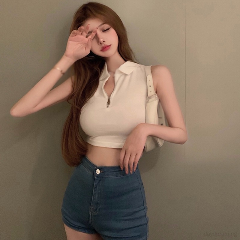 Áo Croptop Dệt Kim Sát Nách Phối Khóa Kéo Trước Thời Trang Mùa Hè Cho Nữ