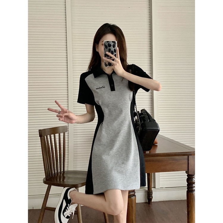 Đầm Cổ polo Tay Ngắn Dáng Ôm Màu Sắc Tương Phản Phong Cách Hàn Quốc Thời Trang Cho Nữ