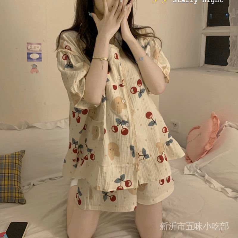 Bộ Đồ Ngủ Tay Ngắn Phối Ren Phong Cách Nhật Bản Dễ Thương Thời Trang Mùa Hè Cho Nữ