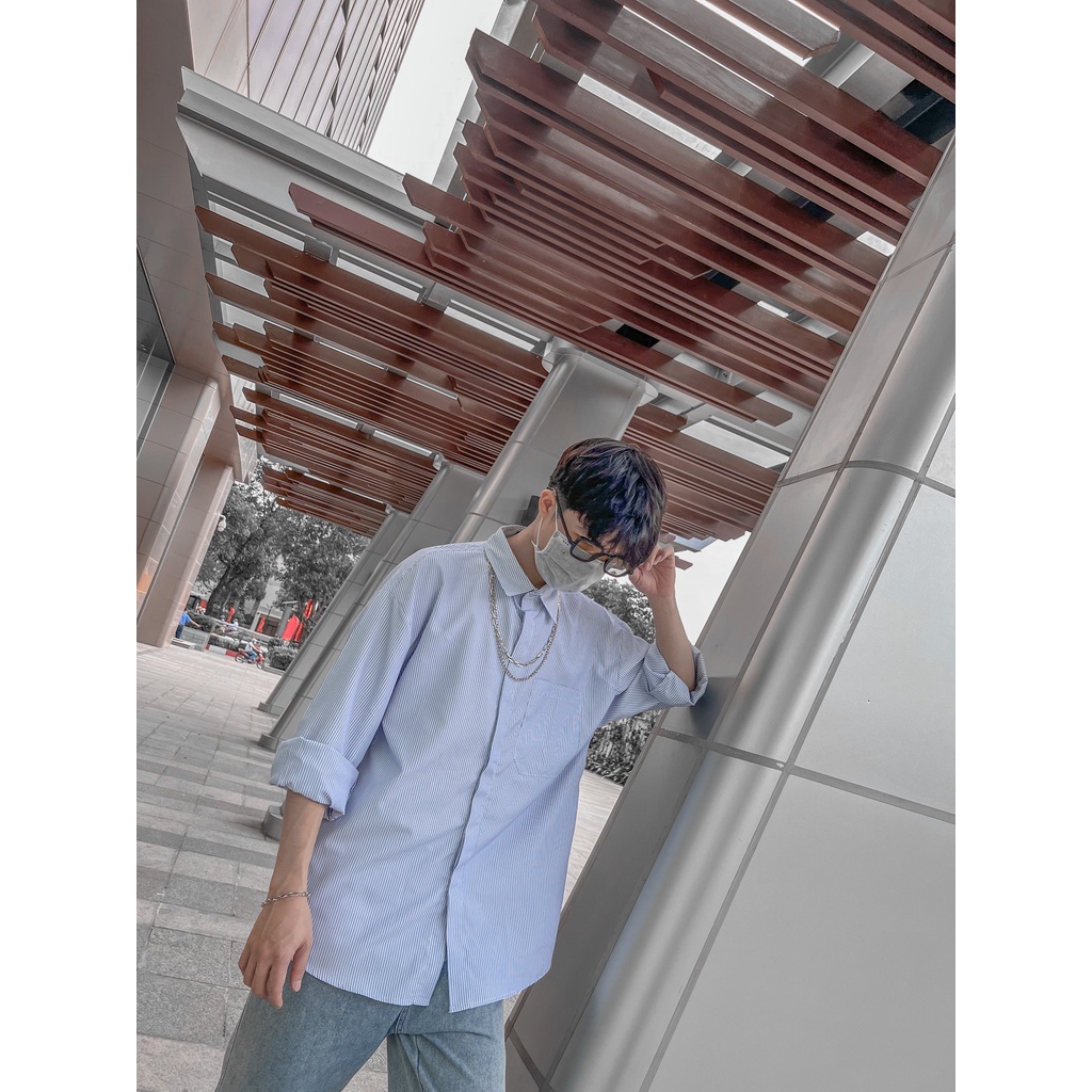 Áo sơ mi kẻ MEANSTORE nam nữ dài tay Oversize form rộng ulzzang không nhăn dáng suông - màu xanh