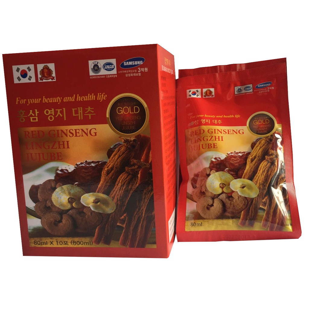 Nước hồng sâm Linh chi Táo đỏ 10 gói x 80ml-RED GINSENG LINGZHI JUJUBE GOLD Korea, nước linh chi Hàn Quốc, PP Sâm Yến 3A