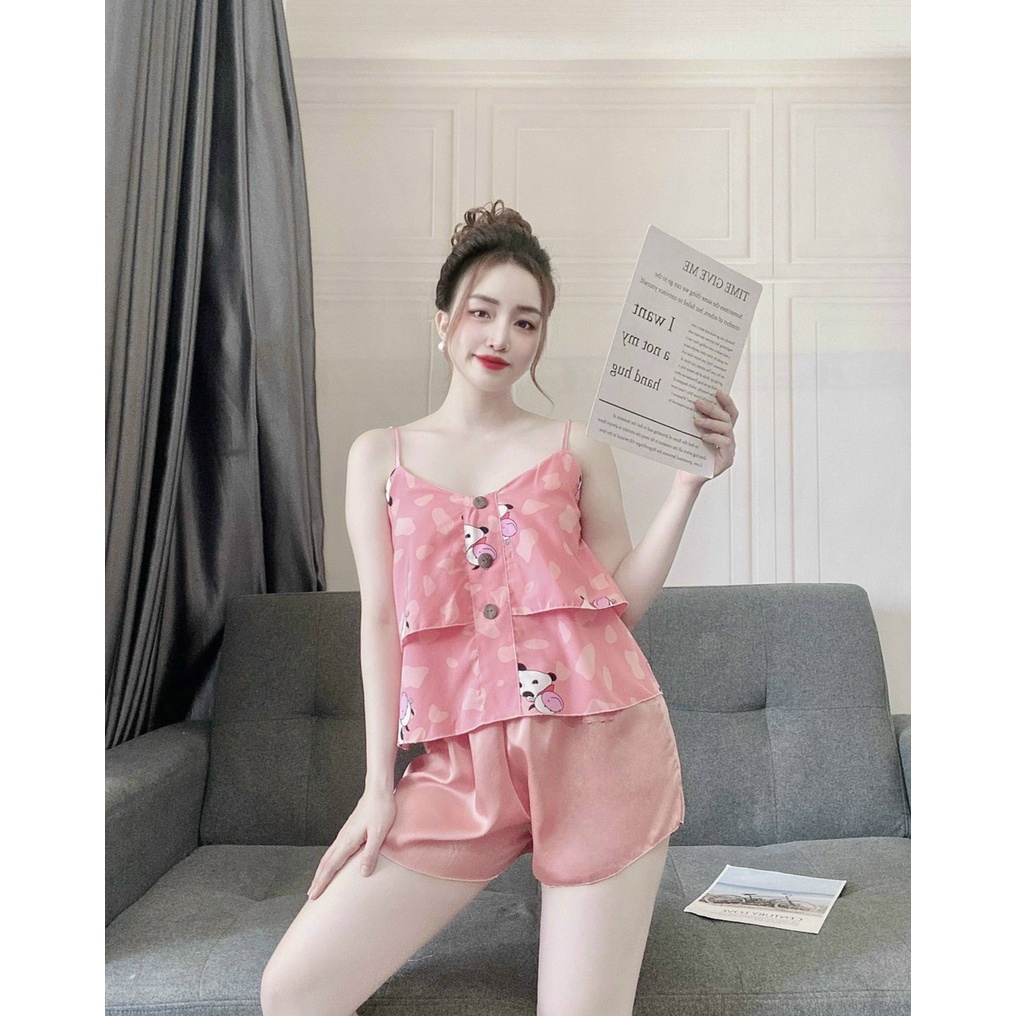 Đồ bộ mặc nhà 2 dây họa tiết hottrend, quần short chất lụa satin mềm, đẹp, mát, phom dưới 58kg- tùy chiều cao | BigBuy360 - bigbuy360.vn