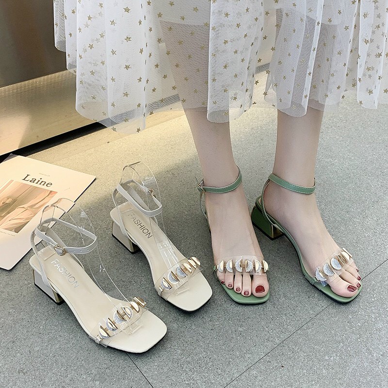 Giày sandal gót vuông 5cm phối quai tròn cực xinh