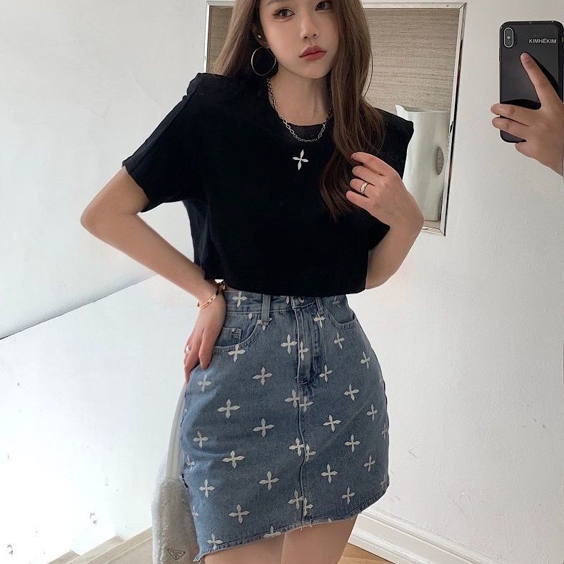 Jiashucheng Chân Váy Denim Chữ a Lưng Cao In Họa Tiết Thời Trang Mùa Hè Dành Cho Nữ