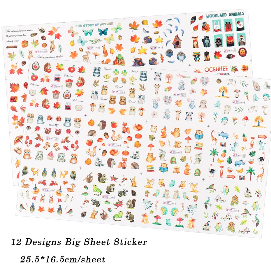 [Hàng mới về] Set 12 miếng dán họa tiết lá cây mùa thu/động vật tự trang trí móng tay nghệ thuật