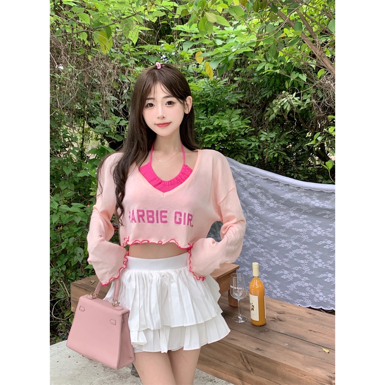 HUANG YOYO Set Đồ Hai Mảnh Gồm Áo Thun Cổ Chữ V Tay Ngắn Chống Nắng Phiên Bản Hàn Quốc Thời Trang Cho Nữ