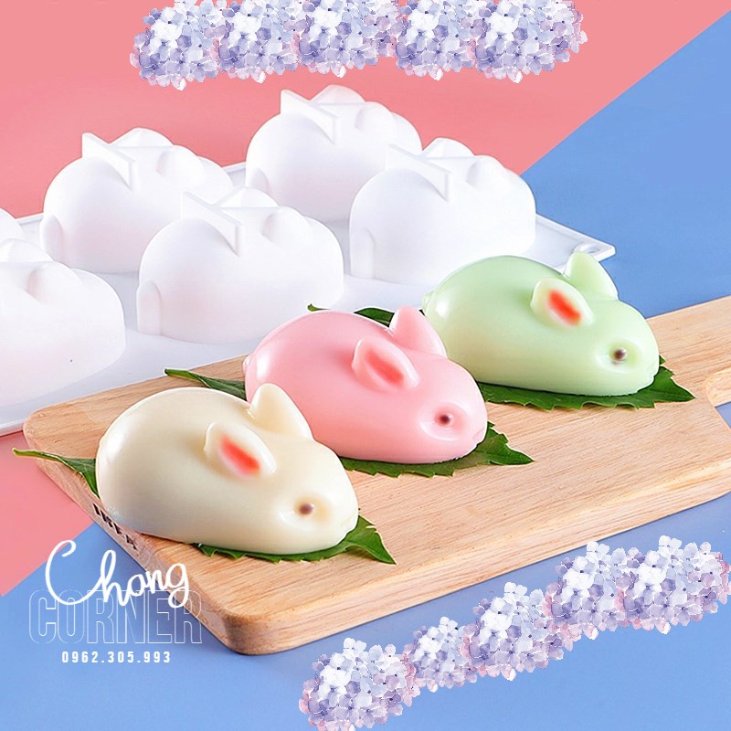 Khuôn silicone bánh pudding khuôn mousse  hình thỏ 6 lỗ 3d khuôn xà phòng handmade
