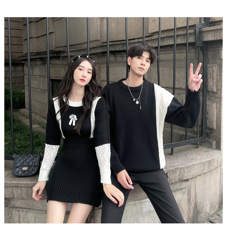 New oder. Set đồ đôi tình nhân, áo len nam và váy đầm len body phối màu đen trắng kiểu cách.