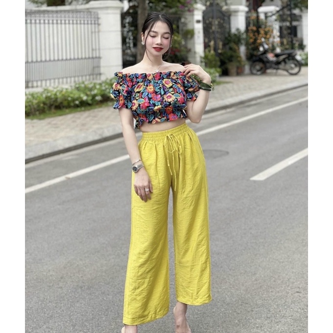 Quần đũi nữ culottes ống suông dài cạp chun mặc đi biển chơi