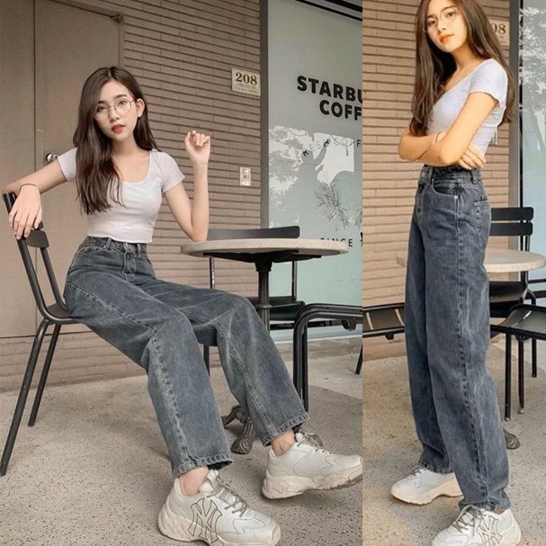 Quần Jeans Ống Suông Rộng Nữ Màu Xám Khói Trơn Và Rách - 00 NoBrandNoDenim