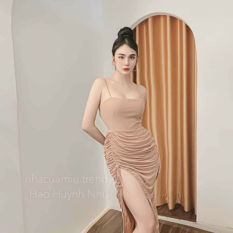 đầm body 2 dây  nhún eo