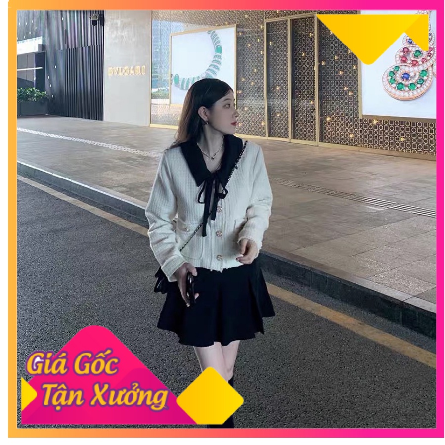 Set Áo Dạ Cổ Nơ Cúc Ngọc Mix Chân Váy Đen Xoè - Set Áo Kiểu Phối Chân Váy(Ngọc Tâm Chuyên sỉ)