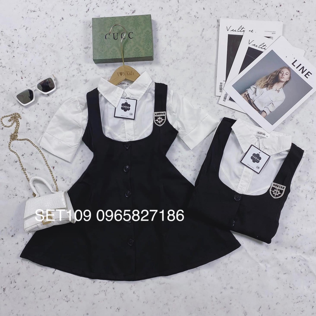 Set áo sơmi + váy yếm xoè kèm tag đá cha.nel đi học cho bé gái