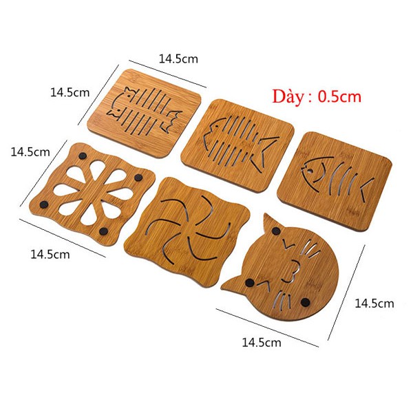 Combo 3 Đế Lót Cốc Nồi WOODEN Cách Nhiệt Bằng Gỗ Họa Tiết Dễ Thương Phong Cách Hàn Quốc