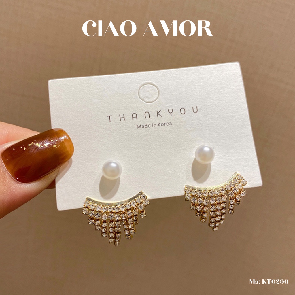 Khuyên tai nữ, Bông tai nữ bạc 925 nụ ngọc viền thả đính ngọc quý phái Trang sức Ciao Amor - KT0296