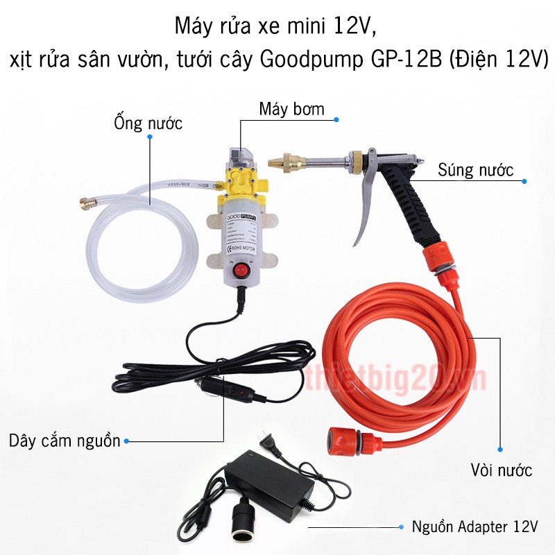 Máy tăng áp rửa xe 12V, máy rửa xe, sân vườn, nhà cửa mini 12v GP-12B