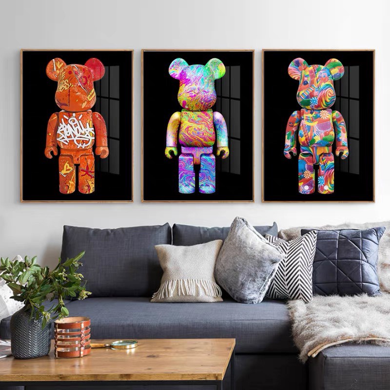 T54 Bộ 3 Tranh chú Gấu Kaws Toy Treo Tường Phòng Khách/ Game/ Shop Quần Áo/ RObot/ Bearbrick Hoạt Hình T1