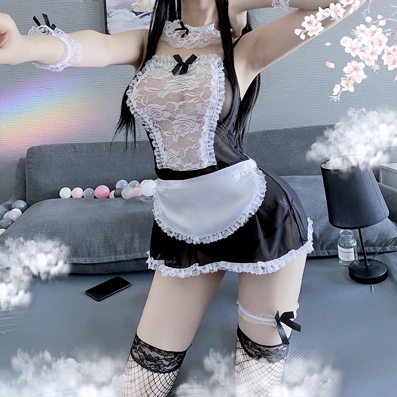 Cosplay nàng hầu gái ren lưới 3 màu xuyên thấu sexy -váy ngủ 2 dây gợi cảm đầy đủ phụ kiện