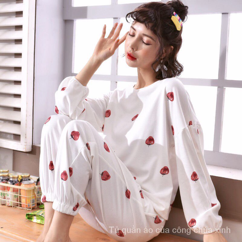 Bộ Đồ Ngủ Tay Dài Form Rộng In Họa Tiết Hoạt Hình Phong Cách Hàn Quốc Cho Nữ