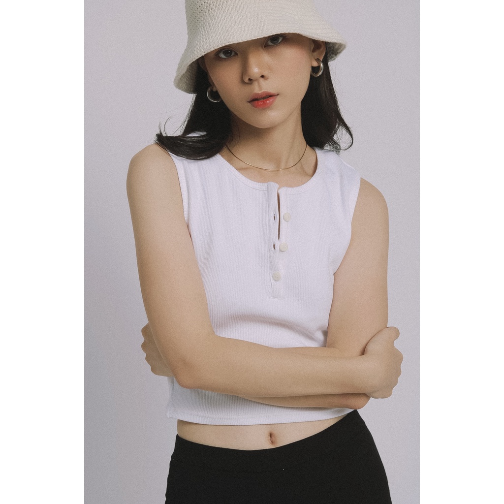 Greenstuffs - Áo thun trắng basic nữ không tay ba lỗ