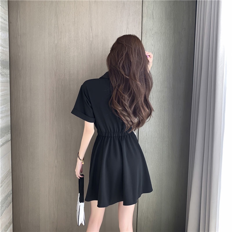 Black dress women's summer 2022 new Korean style temperament slim embroidered A-shaped short T-skirt polo collar small black skirt