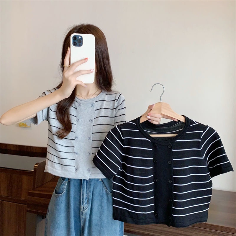 Áo Cardigan Ngắn Tay Dáng Rộng Họa Tiết Kẻ Sọc Thời Trang Mùa Hè