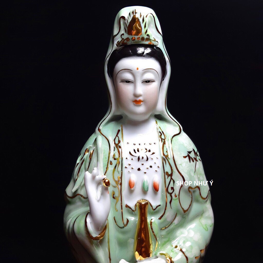 PHẬT BÀ QUAN ÂM ĐỨNG TÒA SEN XANH NGỌC CAO 35CM,40CM