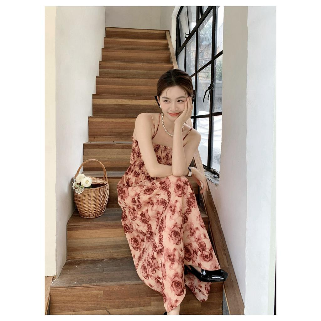 Đầm Hai Dây Cột Dây Eo Cao In Họa Tiết Hoa Hồng Phong Cách Pháp Cổ Điển Thời Trang Mùa Hè Kiểu Mới 62