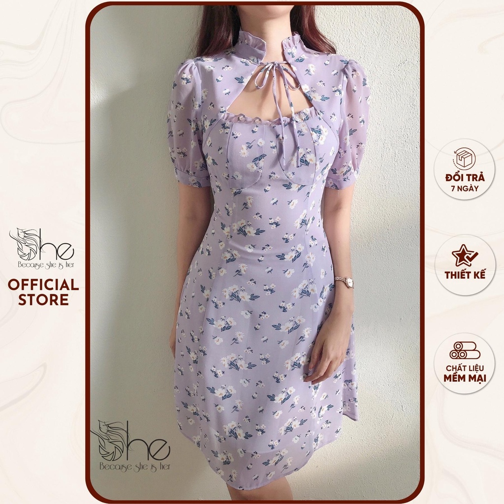 Váy tiểu thư cột nơ She, đầm hoa nhí cột nơ dễ thương xinh xắn đi chơi SDX131