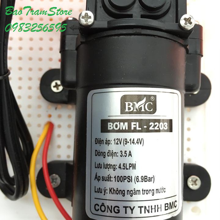 Bộ máy bơm phun phân bón, thuốc trừ sâu, rửa xe mini lắp ráp từ máy bơm tăng áp mini hồi lưu 12v BMC FL2203