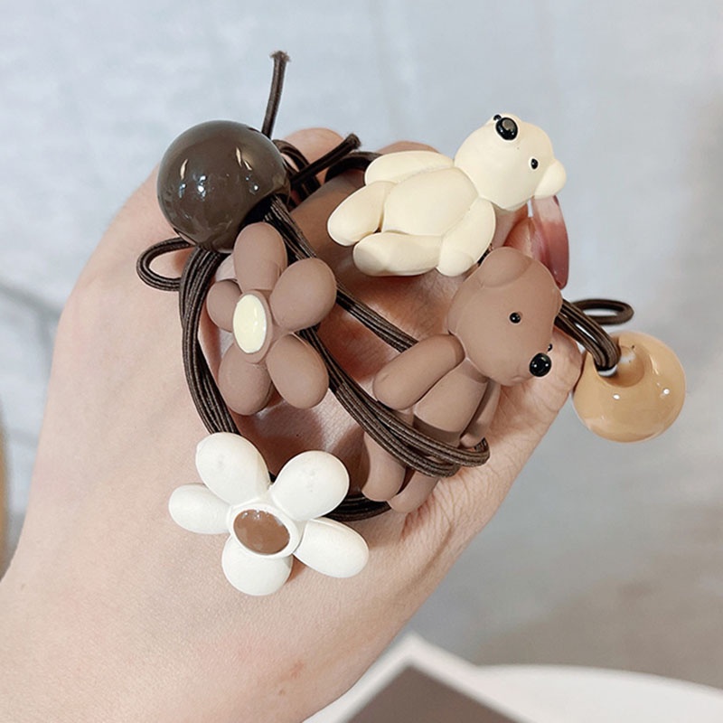 Dây buộc tóc trang trí chú gấu và hoa màu cà phê sữa xinh xắn dễ thương
