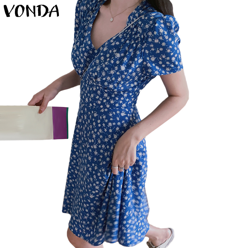 Đầm Vonda Tay Ngắn Cổ Chữ V In Hoa Màu Xanh Dương Xinh Xắn Phong Cách Hàn Quốc