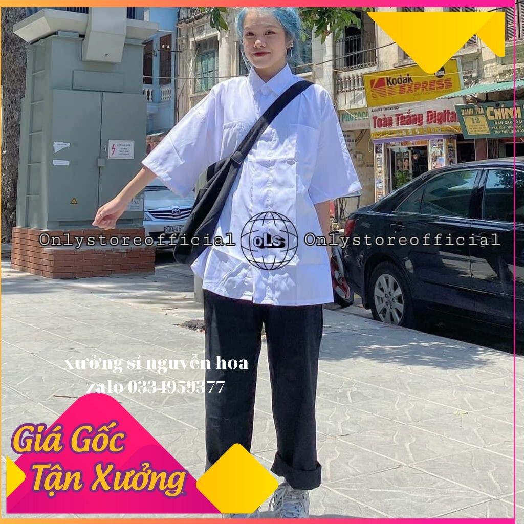 Áo sơ mi trắng ngắn tay 2 túi ngực form rộng phong cách hàn quốc trẻ trung xưởng sỉ nguyễn hoa