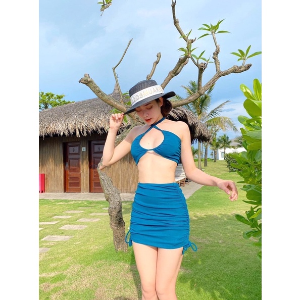 [MẪU HOT+FORM ĐẸP] Bikini 2 mảnh váy phối rút dây bên hông màu xanh cổ vịt