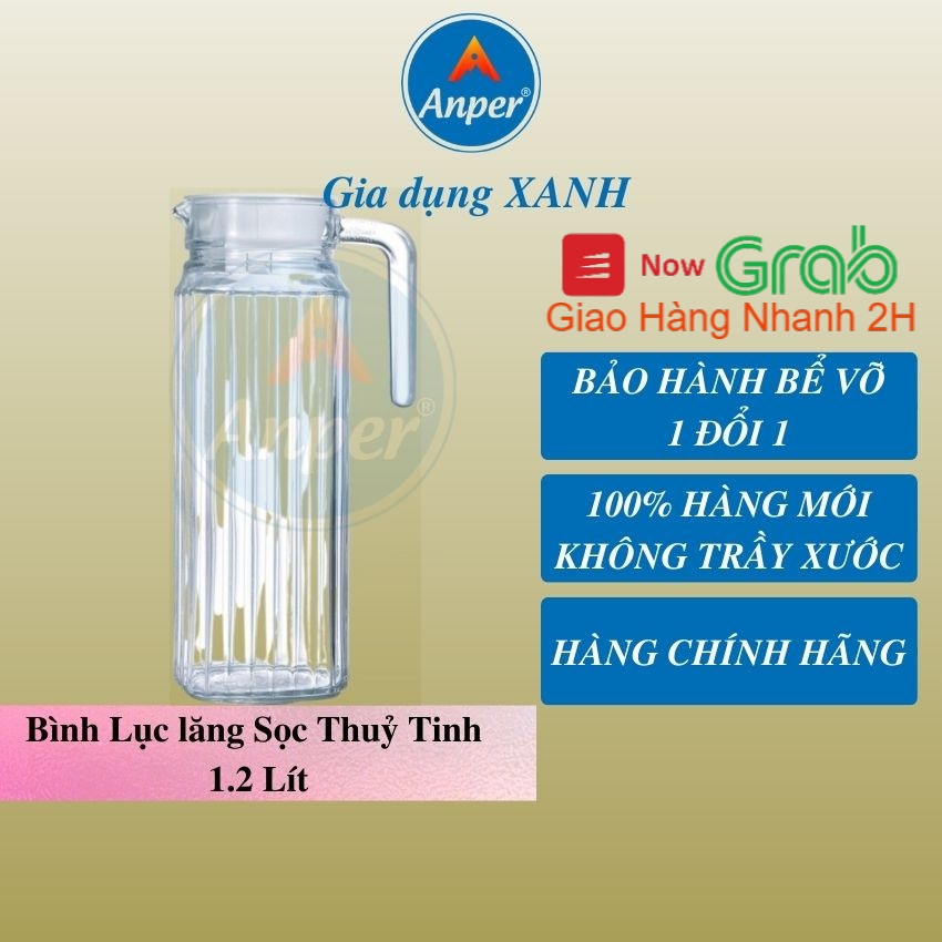 Bình Nước Thủy Tinh Anper Lục Lăng 1.2L Cao Cấp Sang Trong Có Mỏ Rót Và Nắp Nhựa  An Toàn