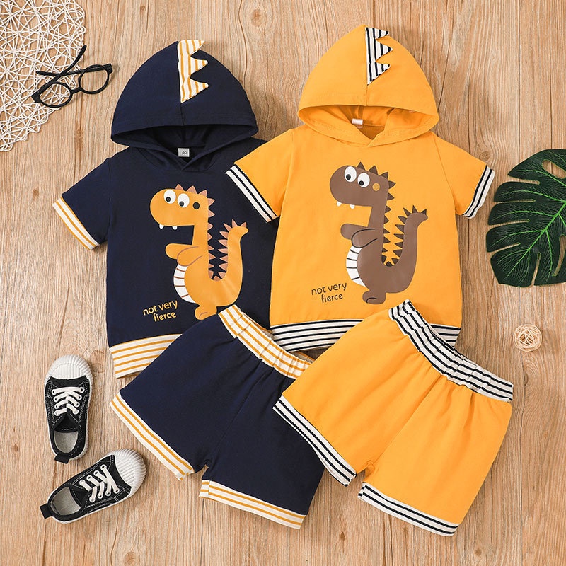 Bộ Đồ Quần Áo Khủng Long Bé Trai Áo Hoodie Tay Ngắn Và Quần Short Set Thời Trang Cho Bé Trẻ em 1-5 Tuổi