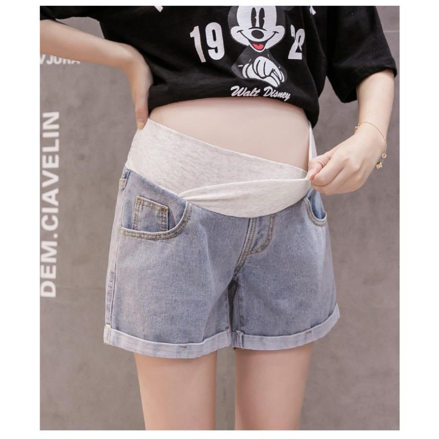 Quần sooc jean Bầu cạp chéo.Quần Short Jean Ngắn, Eo Co Giãn Thoải Mái Có Thể Điều Chỉnh Phong Cách Hàn Quốc