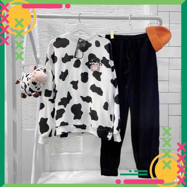 Áo sweater Thêu Bò Sữa unisex nam nữ chất nỉ bông full tag tem logo