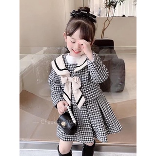 Set váy dạ kẻ nơ trắng bé gái