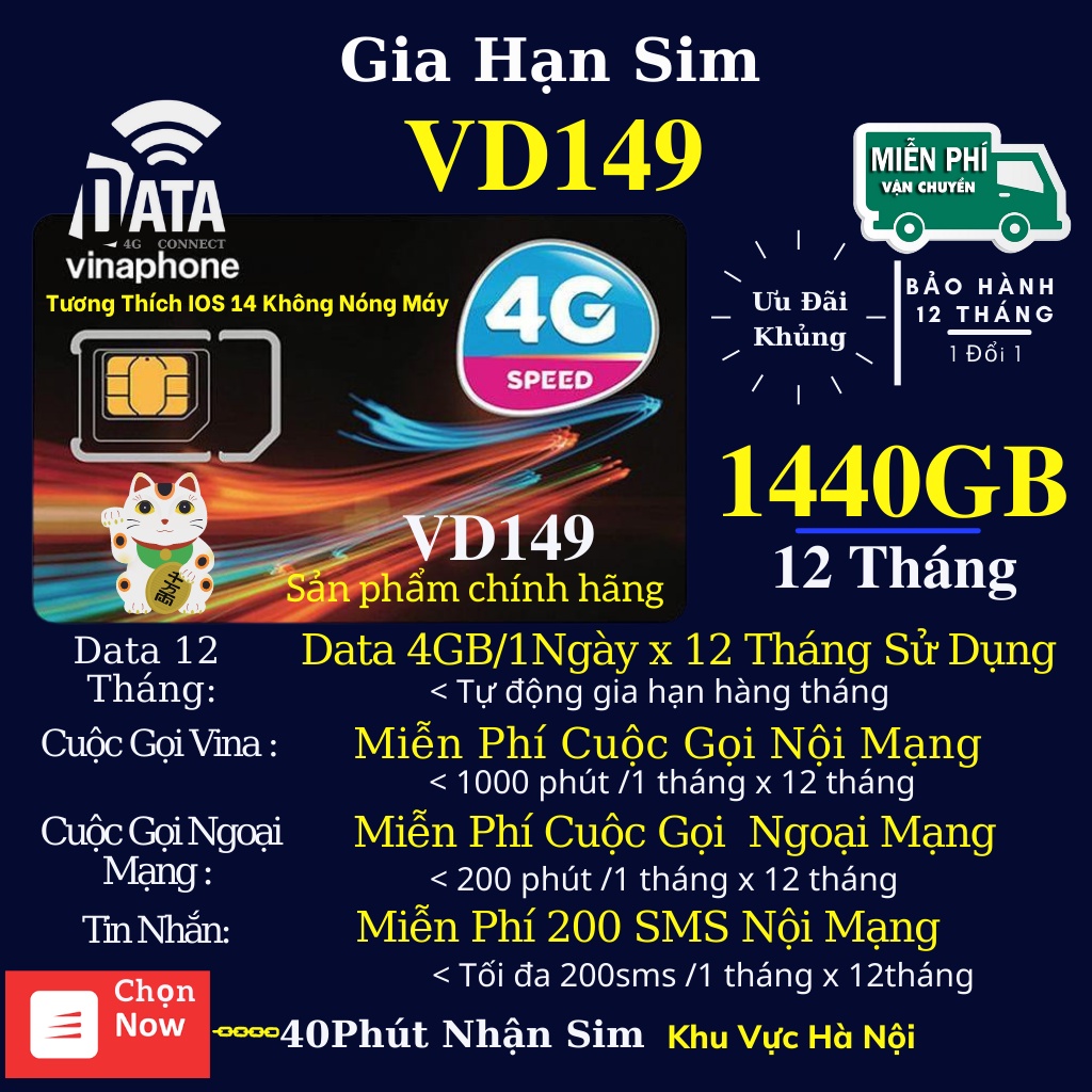 Sim Data Sử Dụng 1 Năm , Gói Cước VD89 , VD149 , U1500 , D500 , Fhappy , Bảo Hành 12 Tháng