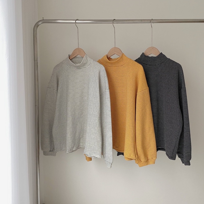 Áo nỉ kẻ cổ cao - Áo nỉ tay bồng Quảng Châu dày dặn style Ullzang xinh xắn