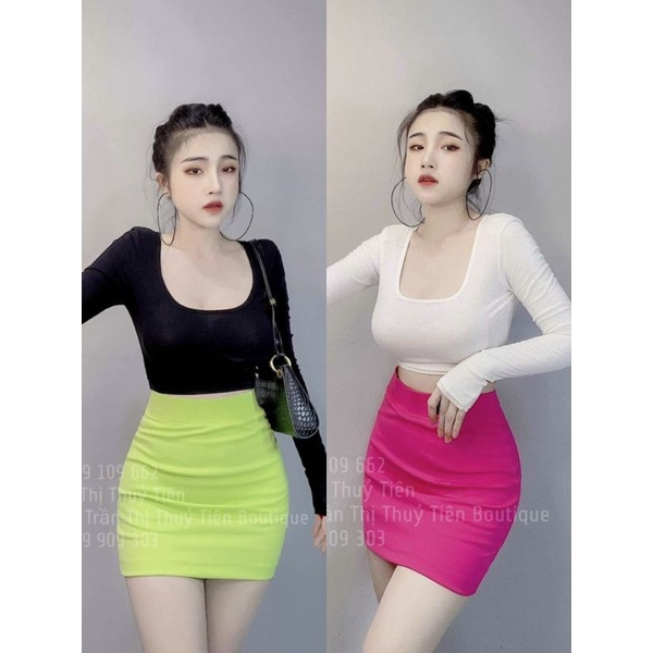 Set Thun Áo Croptop Tay Dài Cổ Vuông Và Chân Váy Bút Chì Dáng Ngắn - Form Ôm Body Sexy