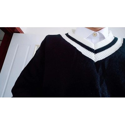(A197) Áo len unisex cổ V mix sọc 2 màu đen - trắng (kèm ảnh thật ở cuối)