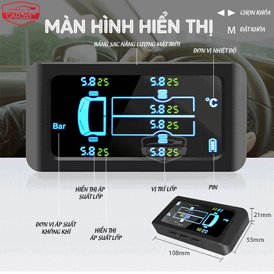 Cảm biến áp suất lốp 6 bánh cho xe tải, xe khách với pin mặt trời và màn hình LCD cao cấp CHÍNH HÃNG CAR365 - CAR34