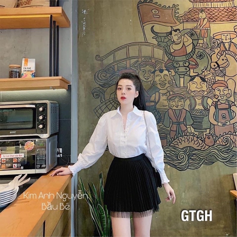 Áo Somi trắng cổ bẻ C50, áo trắng Quảng Châu bo chun tay sang chảnh dành cho nữ