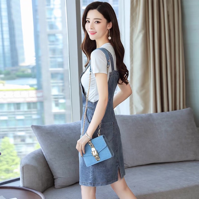 Set yếm váy Jean nữ cao cấp, thiết kế thêu chữ trẻ trung, phong cách NV0966